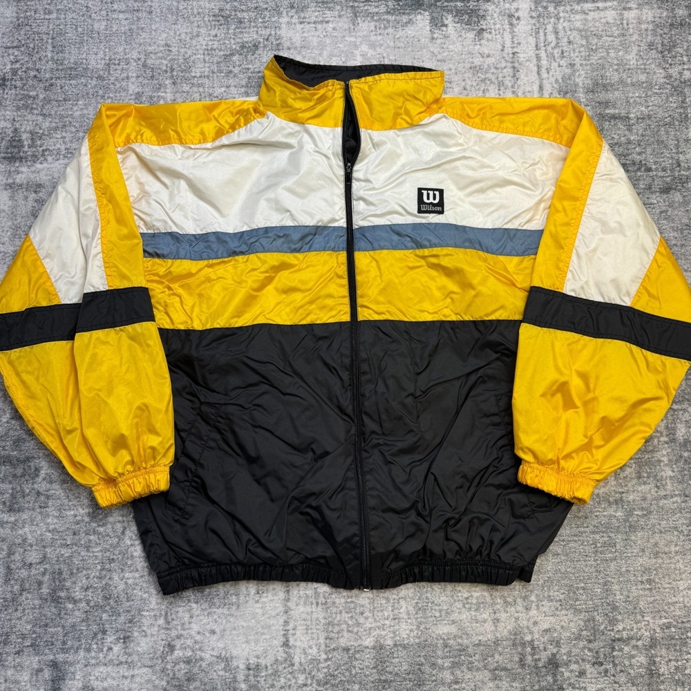 VTG 90s Wilson Track Jacket Mens‎ XL Yellow Black Colorblock Retro Lined Tennis
